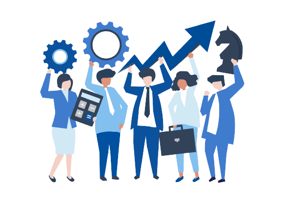 a group of people holding up gears and arrows