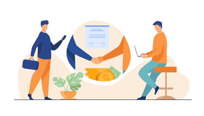 a man holding a laptop and shaking hands